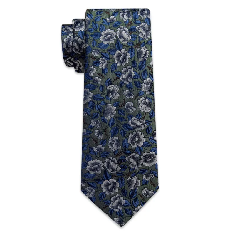 Ties2you Green Necktie Blue Jacquard Floral Tie Hanky Cufflinks Set sold by Ties2You