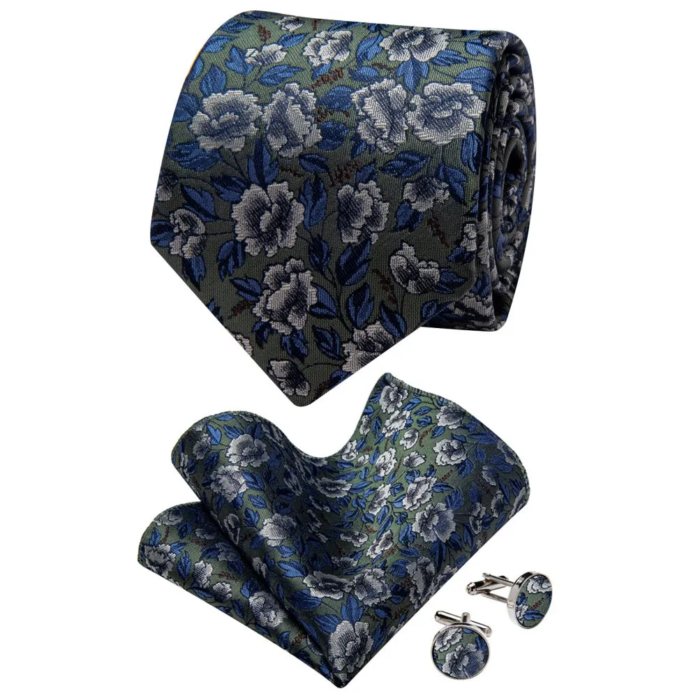 Ties2you Green Necktie Blue Jacquard Floral Tie Hanky Cufflinks Set sold by Ties2You product image thumbnail 2