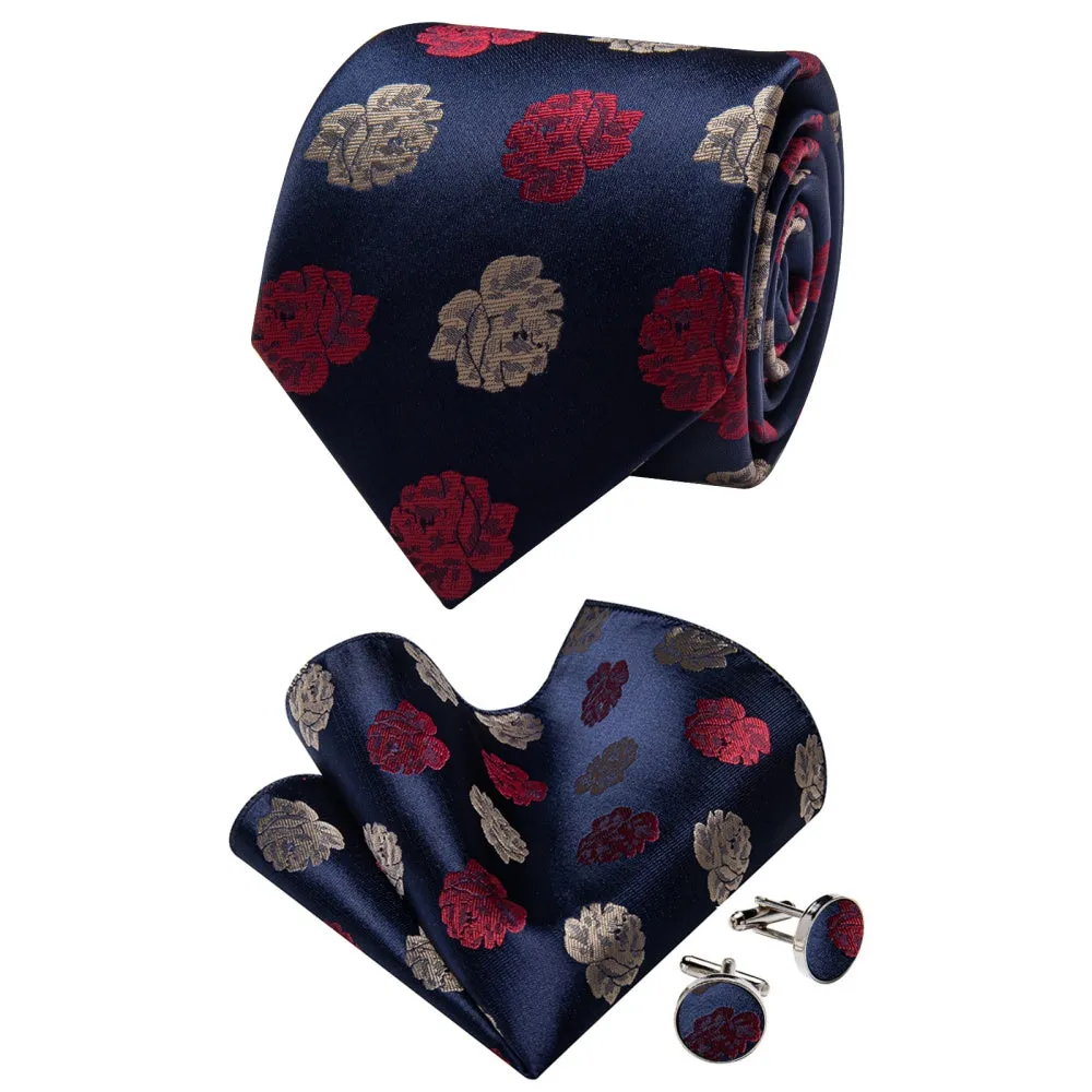 Ties2you Blue Necktie Red Brown Roses Floral Tie Hanky Cufflinks Set sold by Ties2You product image thumbnail 3