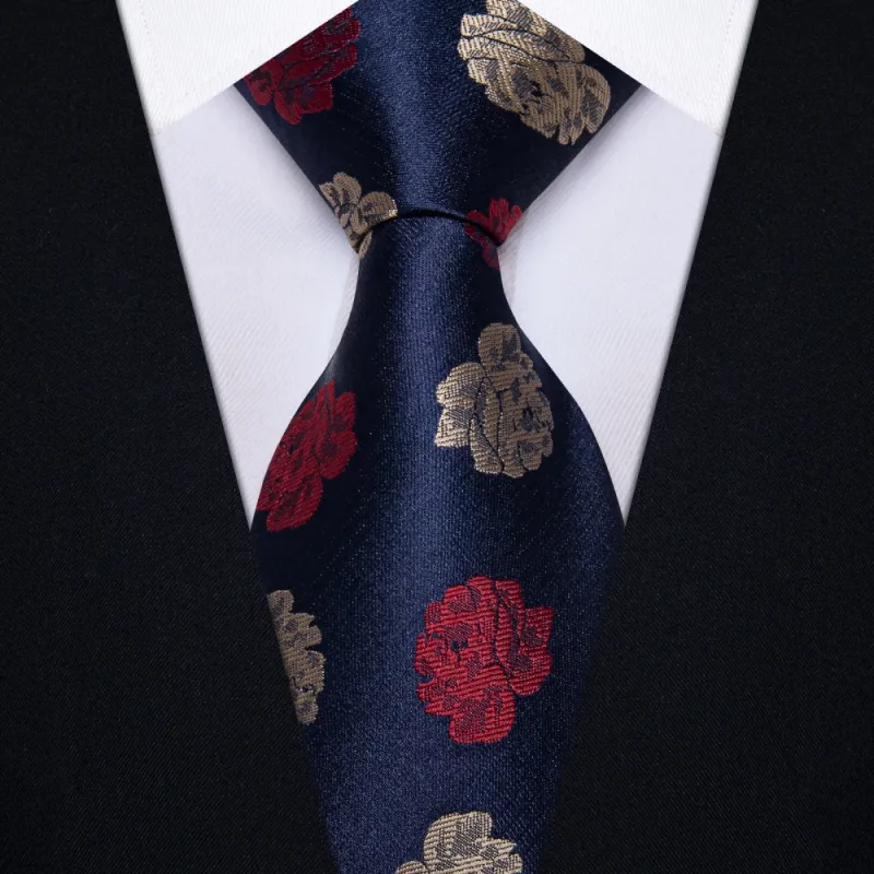 Ties2you Blue Necktie Red Brown Roses Floral Tie Hanky Cufflinks Set sold by Ties2You