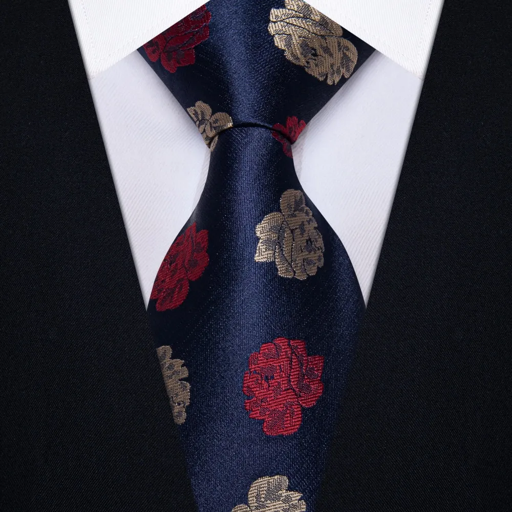 Ties2you Blue Necktie Red Brown Roses Floral Tie Hanky Cufflinks Set sold by Ties2You