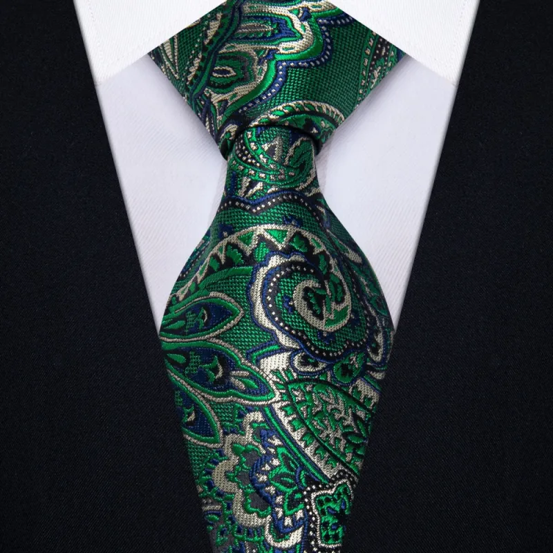 Ties2you Mens Green Tie Paisley Silk Neck Tie Hanky Cufflinks Set sold by Ties2You