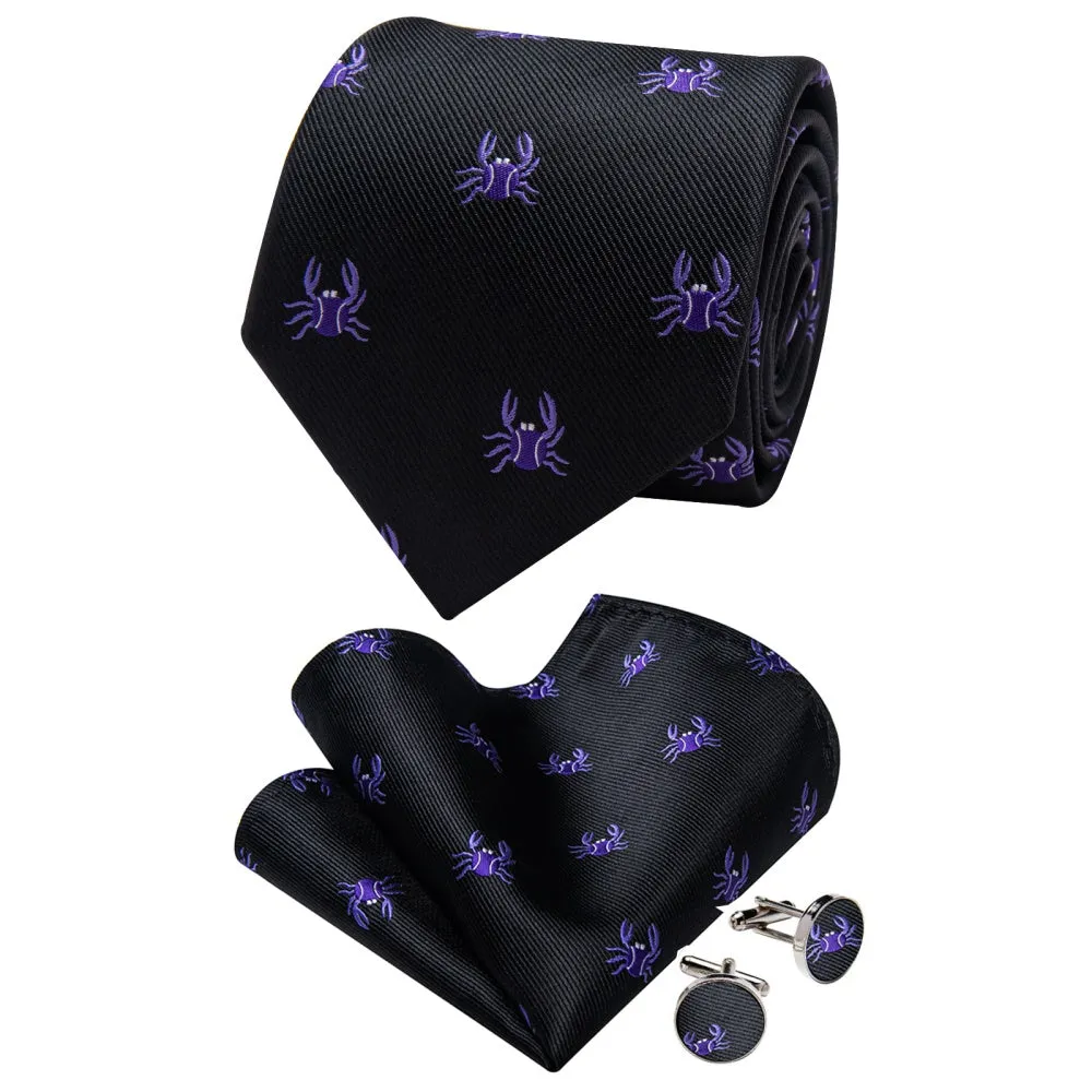 Ties2you Mens Black Tie Purple Crab Pattern Tie Hanky Cufflinks Set sold by Ties2You product image thumbnail 3