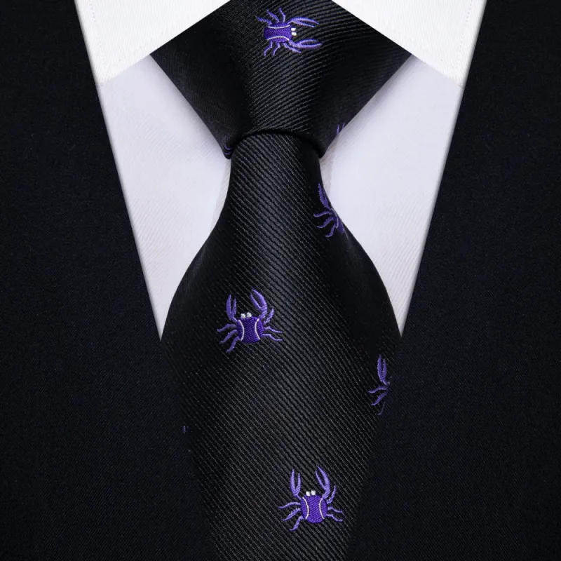 Ties2you Mens Black Tie Purple Crab Pattern Tie Hanky Cufflinks Set sold by Ties2You