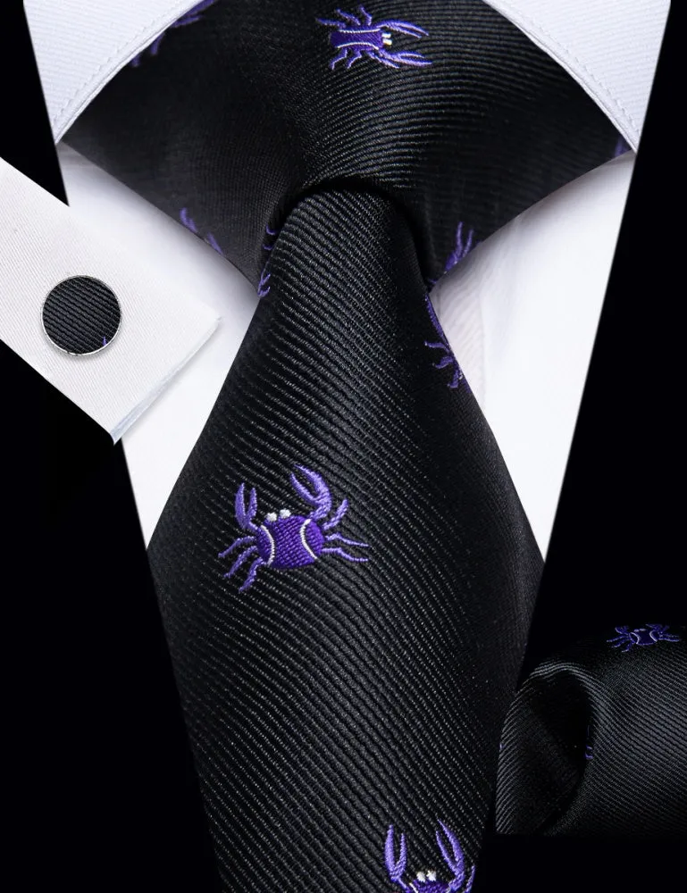 Ties2you Mens Black Tie Purple Crab Pattern Tie Hanky Cufflinks Set sold by Ties2You product image thumbnail 2
