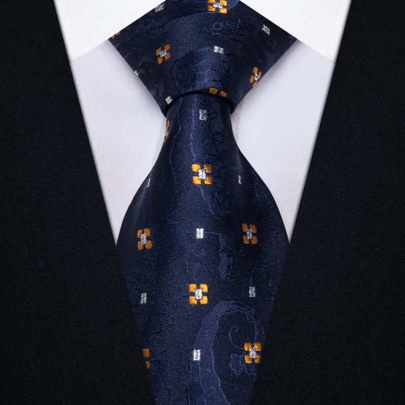 Ties2you Navy Blue Necktie Gold Flower Pattern Tie Hanky Cufflinks Set sold by Ties2You
