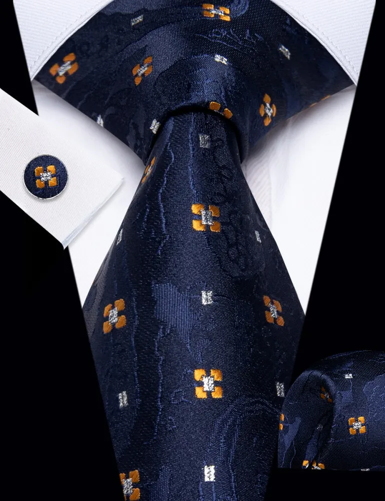 Ties2you Navy Blue Necktie Gold Flower Pattern Tie Hanky Cufflinks Set sold by Ties2You product image thumbnail 2