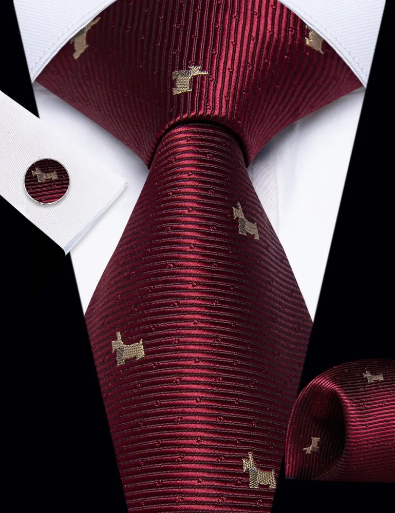 Ties2you Burgundy Necktie Brown Puppy Pattern Tie Hanky Cufflinks Set sold by Ties2You product image thumbnail 2