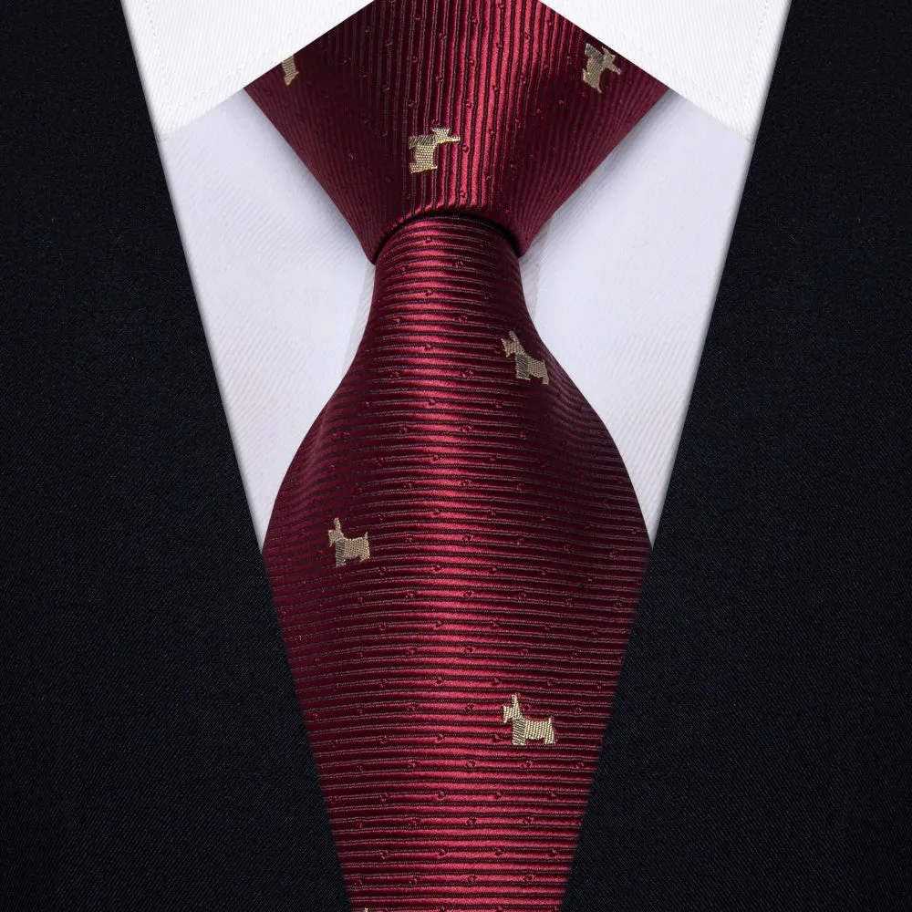Ties2you Burgundy Necktie Brown Puppy Pattern Tie Hanky Cufflinks Set sold by Ties2You