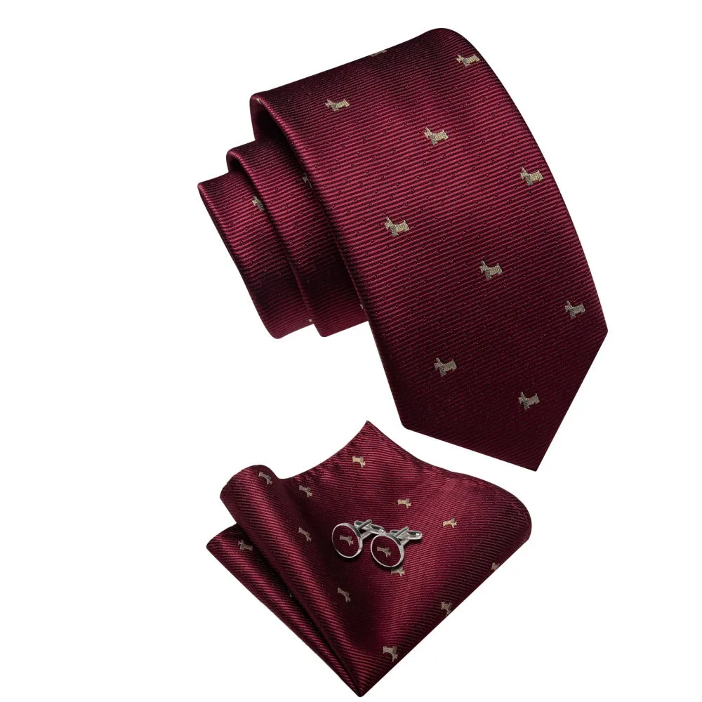 Ties2you Burgundy Necktie Brown Puppy Pattern Tie Hanky Cufflinks Set sold by Ties2You product image thumbnail 4