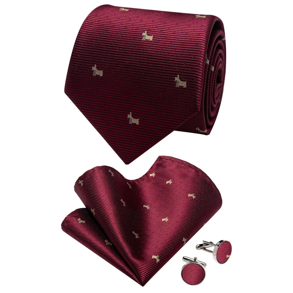 Ties2you Burgundy Necktie Brown Puppy Pattern Tie Hanky Cufflinks Set sold by Ties2You product image thumbnail 3