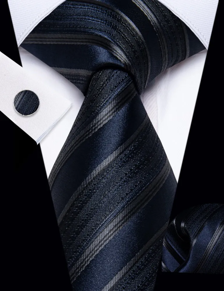 Ties2you Dark Blue Ties Black Stripes Necktie Hanky Cufflinks Set sold by Ties2You product image thumbnail 2