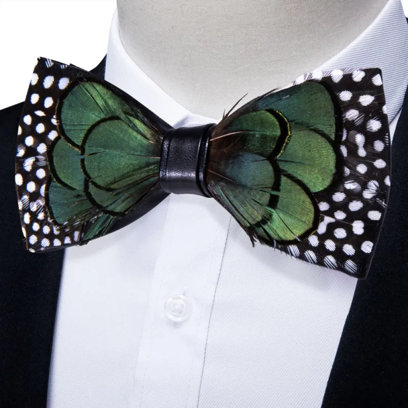 Ties2you Black Green White Novelty Pattern Mens Pre-tied Bowtie Feather Bow Ties sold by Ties2You