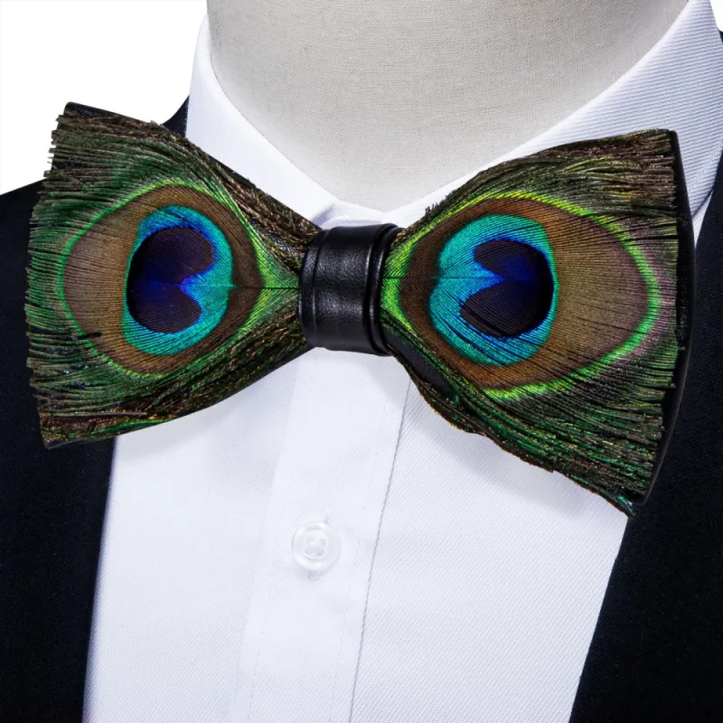 Ties2you Brown Green Novelty Pattern Mens Pre-tied Bowtie Feather Bow Ties sold by Ties2You