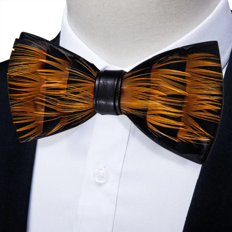 Ties2you Black Gold Novelty Pattern Mens Pre-tied Bowtie Feather Bow Ties sold by Ties2You
