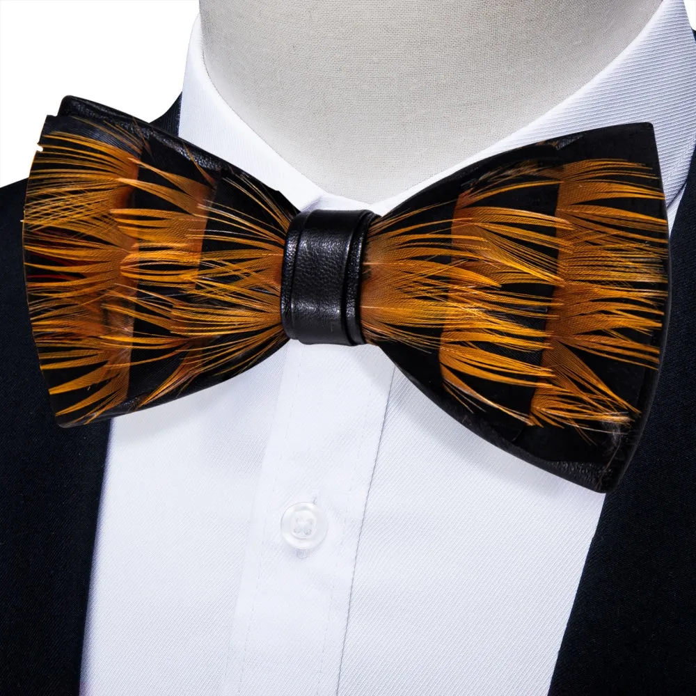 Ties2you Black Gold Novelty Pattern Mens Pre-tied Bowtie Feather Bow Ties sold by Ties2You