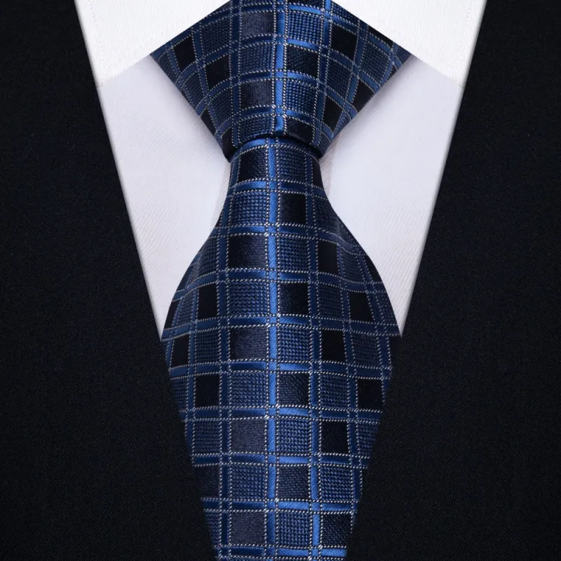 Ties2you Deep Blue Plaid Tie Men Silk Necktie Hanky Cufflinks Set made by Ties2You
