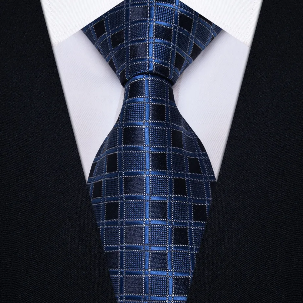 Ties2you Deep Blue Plaid Tie Men Silk Necktie Hanky Cufflinks Set sold by Ties2You