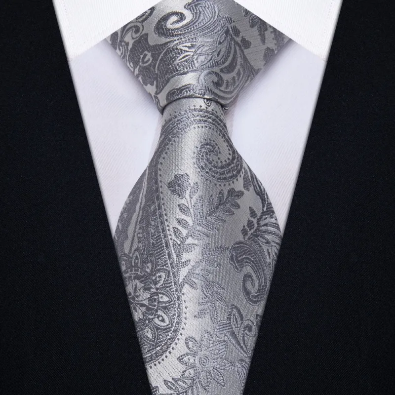 Ties2you Dark Grey Tie Paisley Wedding Necktie Hanky Cufflinks Set sold by Ties2You