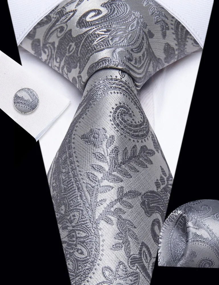 Ties2you Dark Grey Tie Paisley Wedding Necktie Hanky Cufflinks Set sold by Ties2You product image thumbnail 2