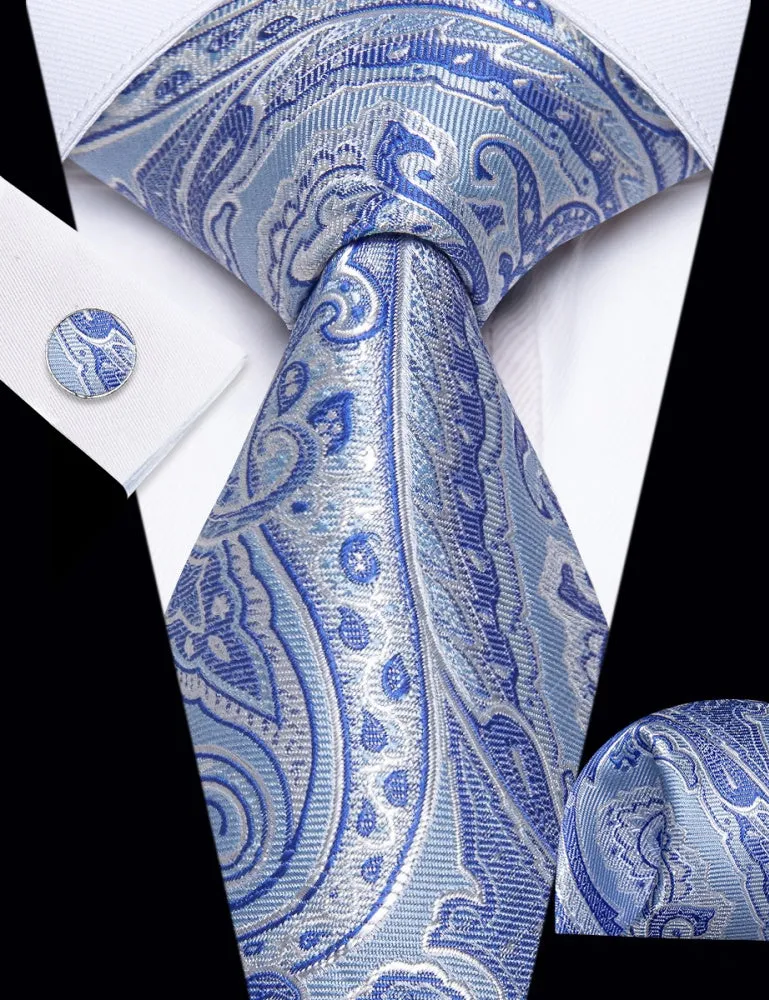Ties2you Sky Blue Tie Paisley Wedding Necktie Hanky Cufflinks Set sold by Ties2You product image thumbnail 2