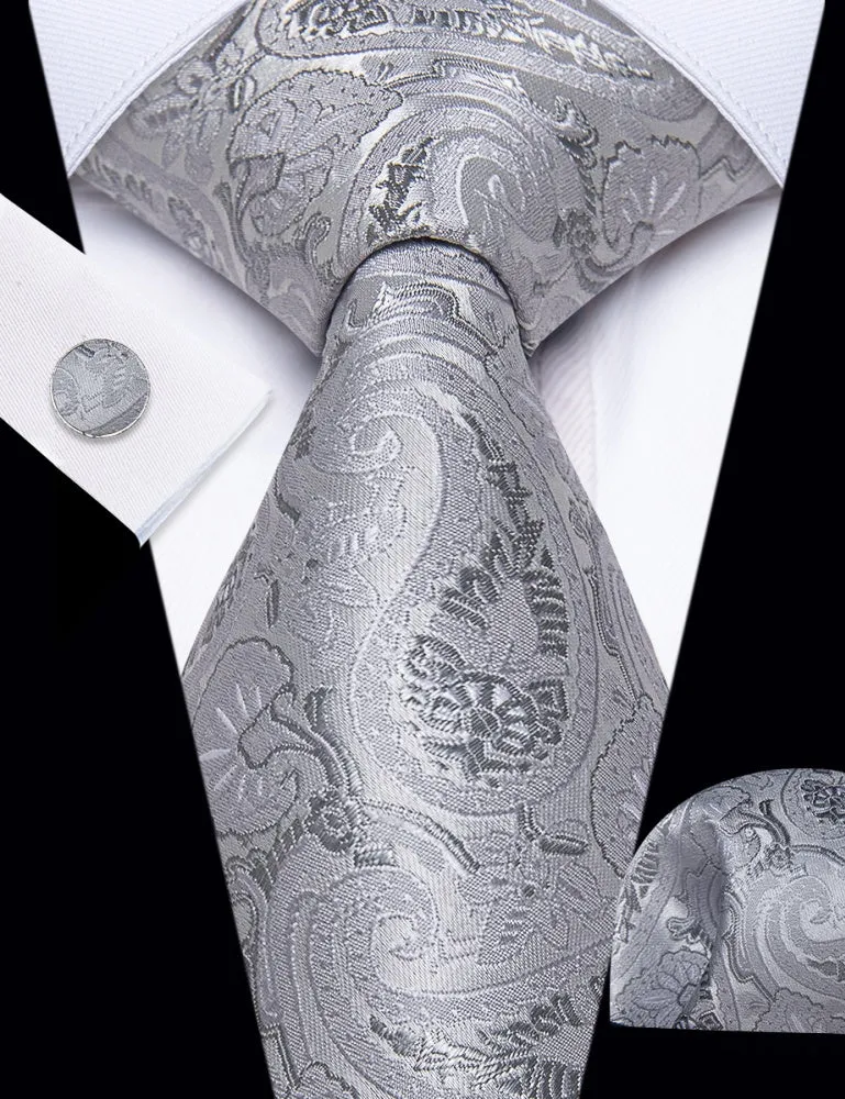 Ties2you Light Grey Tie Paisley Floral Necktie Hanky Cufflinks Set sold by Ties2You product image thumbnail 2
