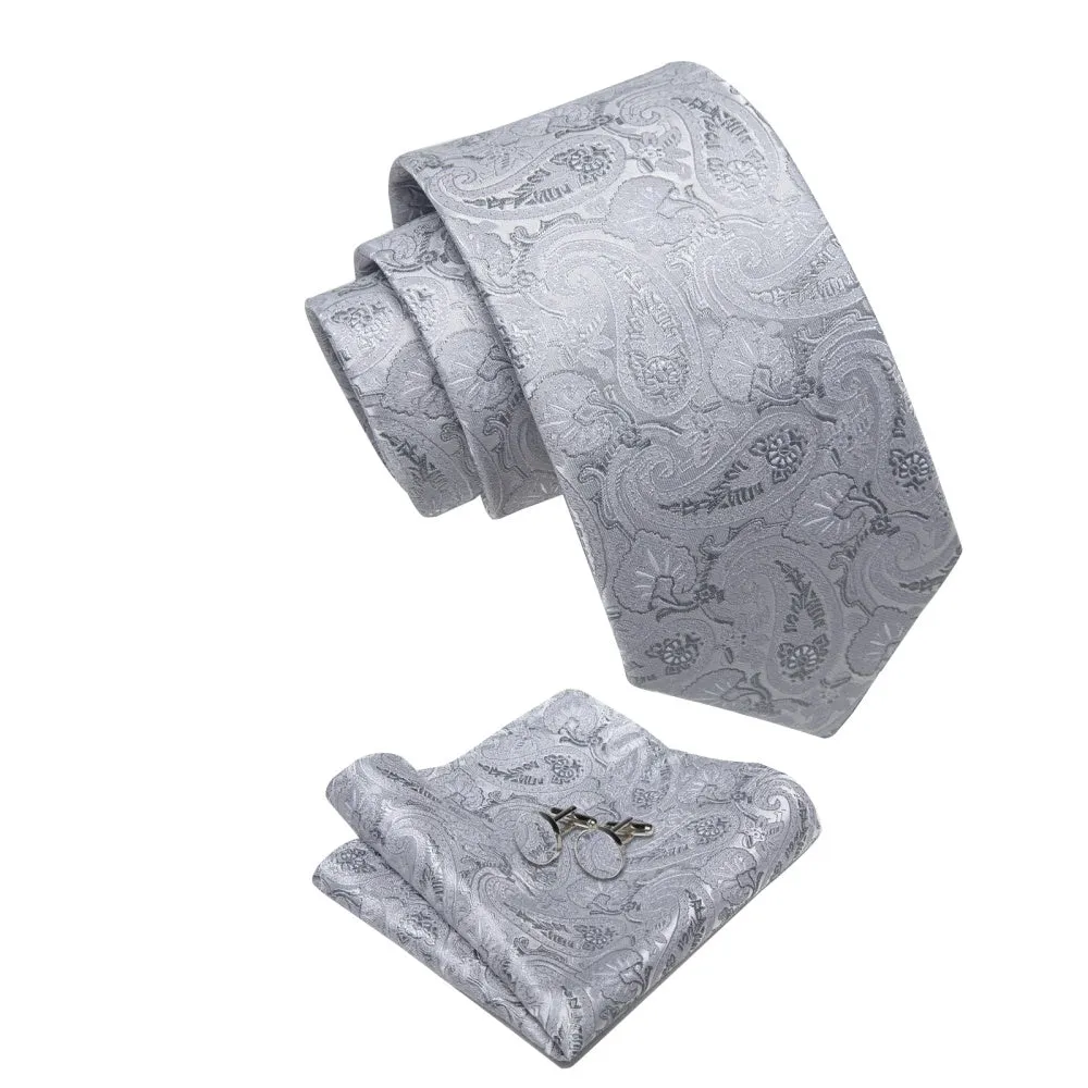 Ties2you Light Grey Tie Paisley Floral Necktie Hanky Cufflinks Set sold by Ties2You product image thumbnail 3