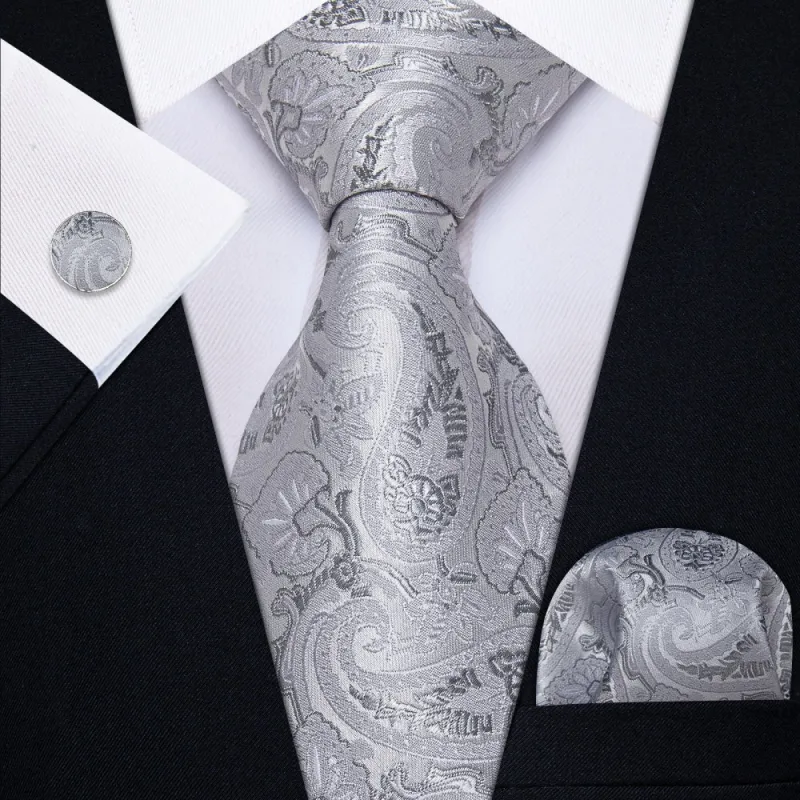 Ties2you Light Grey Tie Paisley Floral Necktie Hanky Cufflinks Set sold by Ties2You