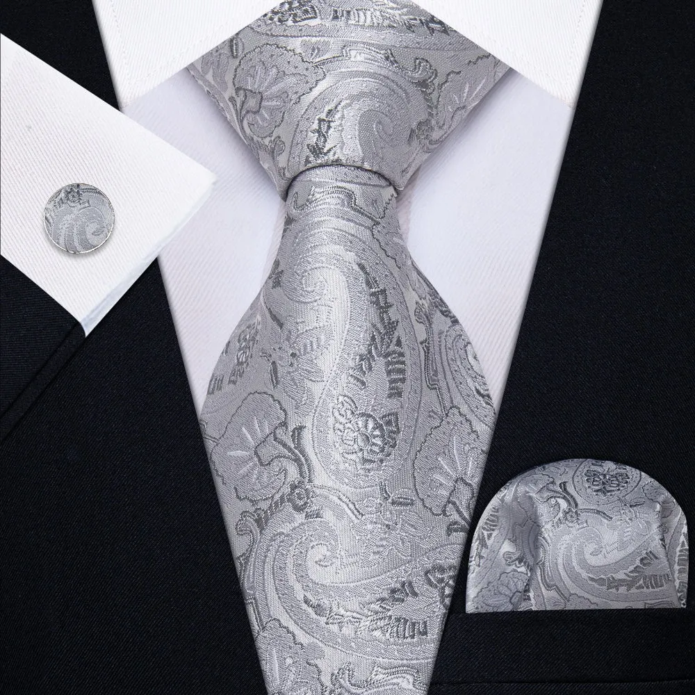 Ties2you Light Grey Tie Paisley Floral Necktie Hanky Cufflinks Set sold by Ties2You
