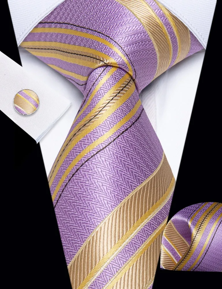 Ties2you Purple Yellow Tie Striped Men Necktie Hanky Cufflinks Set sold by Ties2You product image thumbnail 2