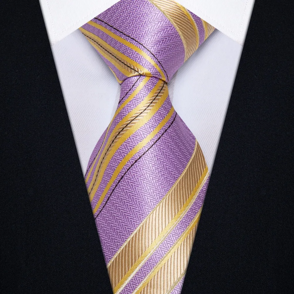 Ties2you Purple Yellow Tie Striped Men Necktie Hanky Cufflinks Set sold by Ties2You