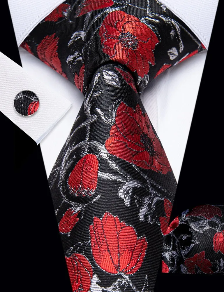Ties2you Red Tie Floral Jacquard Black Grey Tie Hanky Cufflinks Set sold by Ties2You product image thumbnail 2