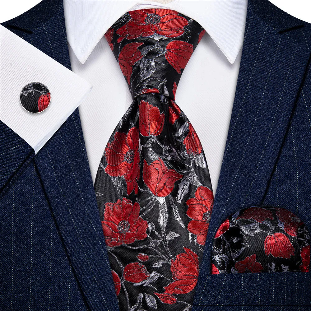 Ties2you Red Tie Floral Jacquard Black Grey Tie Hanky Cufflinks Set sold by Ties2You