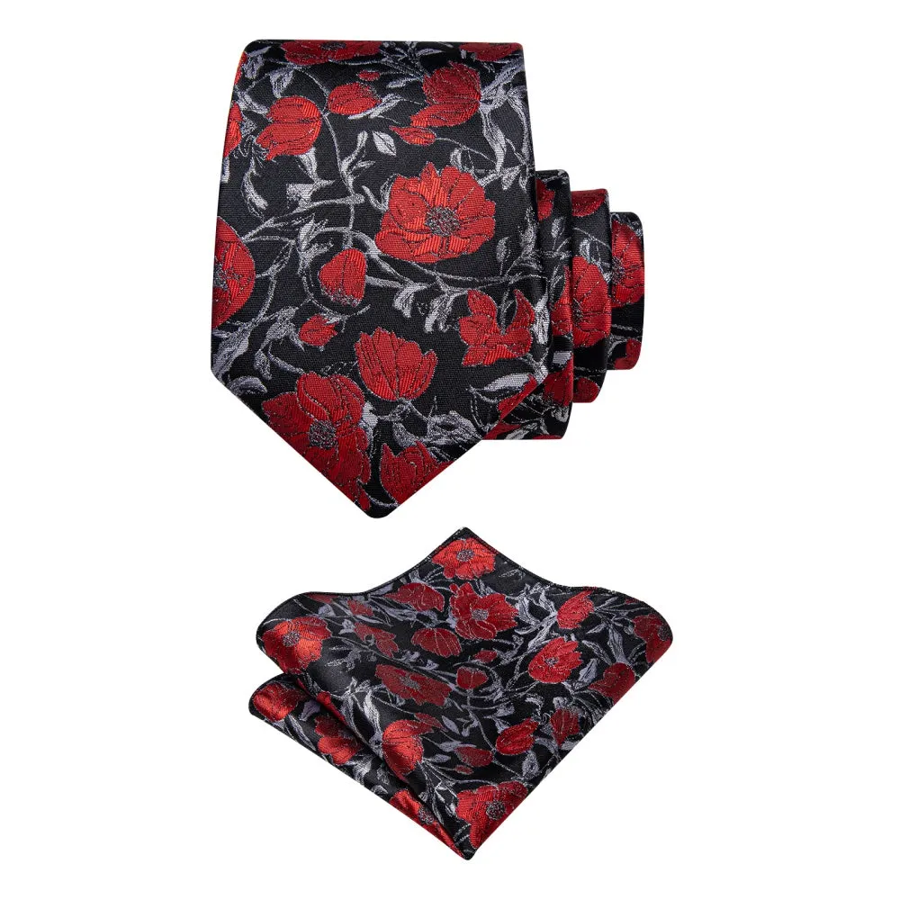 Ties2you Red Tie Floral Jacquard Black Grey Tie Hanky Cufflinks Set sold by Ties2You product image thumbnail 4