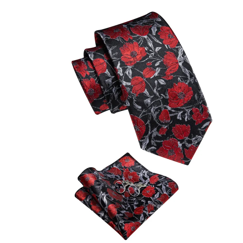 Ties2you Red Tie Floral Jacquard Black Grey Tie Hanky Cufflinks Set sold by Ties2You product image thumbnail 5