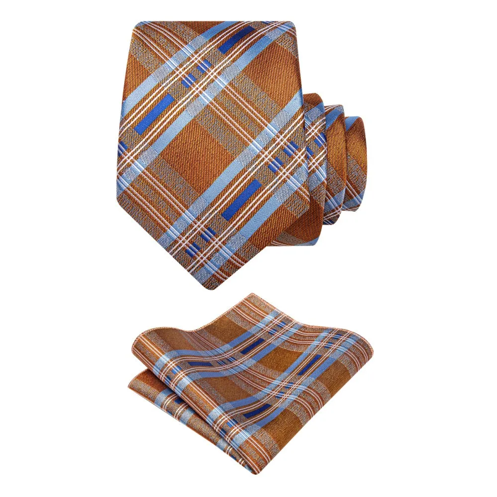 Ties2you Orange Tie Sky Blue Stripes Checkered Tie Hanky Cufflinks Set sold by Ties2You product image thumbnail 5