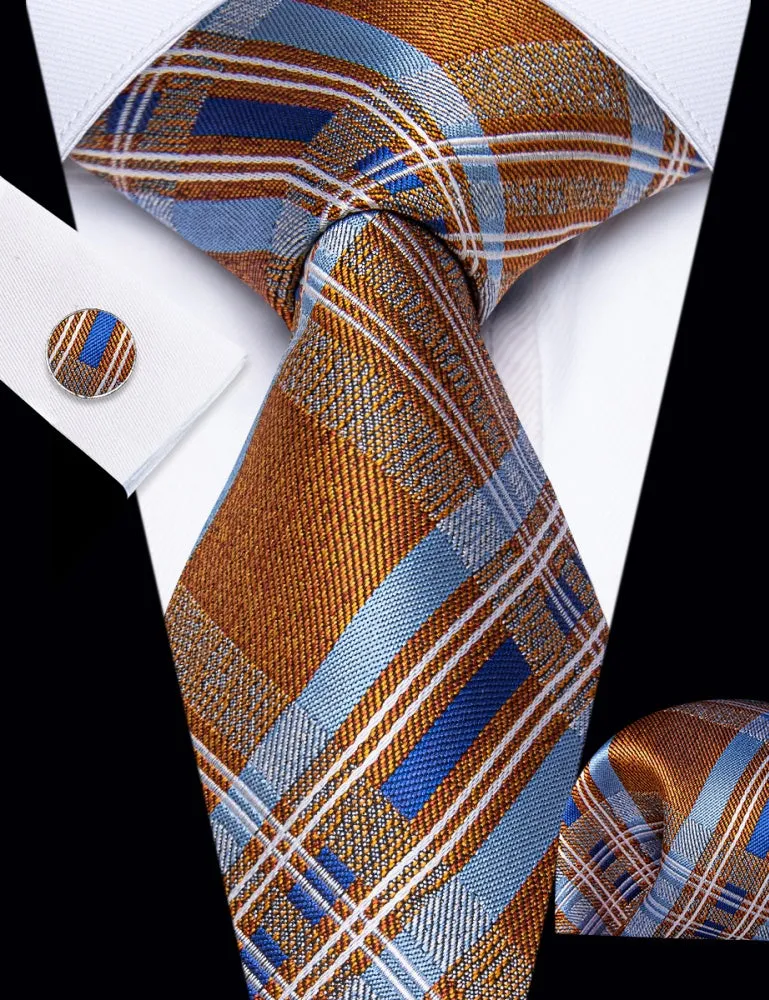 Ties2you Orange Tie Sky Blue Stripes Checkered Tie Hanky Cufflinks Set sold by Ties2You product image thumbnail 2