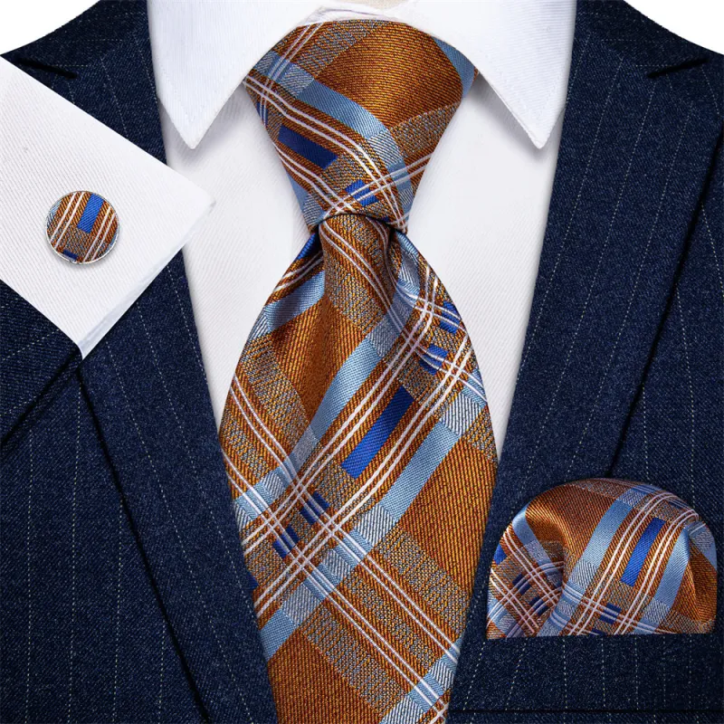 Ties2you Orange Tie Sky Blue Stripes Checkered Tie Hanky Cufflinks Set sold by Ties2You