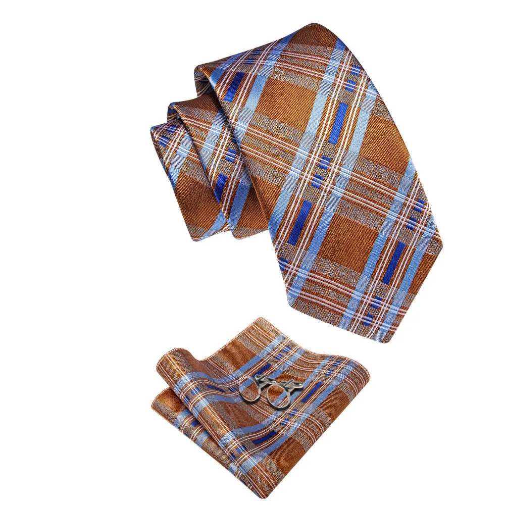 Ties2you Orange Tie Sky Blue Stripes Checkered Tie Hanky Cufflinks Set sold by Ties2You product image thumbnail 4