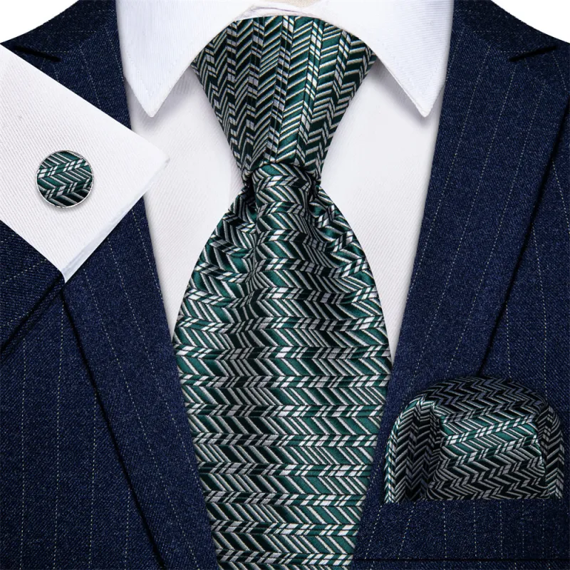 Ties2you Dark Green Tie Grey Geometric Tie Handkerchief Cufflinks Set sold by Ties2You