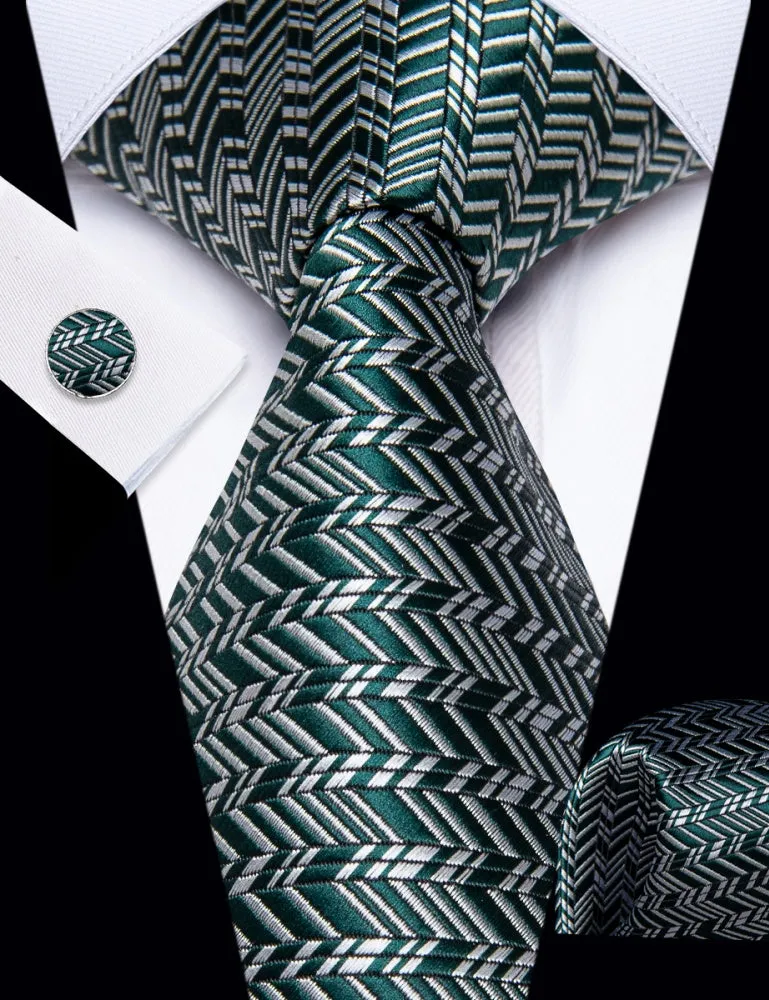 Ties2you Dark Green Tie Grey Geometric Tie Handkerchief Cufflinks Set sold by Ties2You product image thumbnail 2