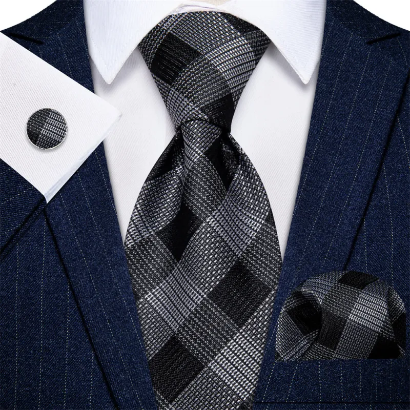 Ties2you Checkered Necktie Black Gray Plaid Tie Hanky Cufflinks Set sold by Ties2You