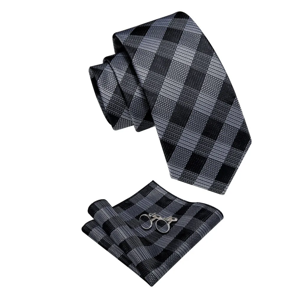 Ties2you Checkered Necktie Black Gray Plaid Tie Hanky Cufflinks Set sold by Ties2You product image thumbnail 4