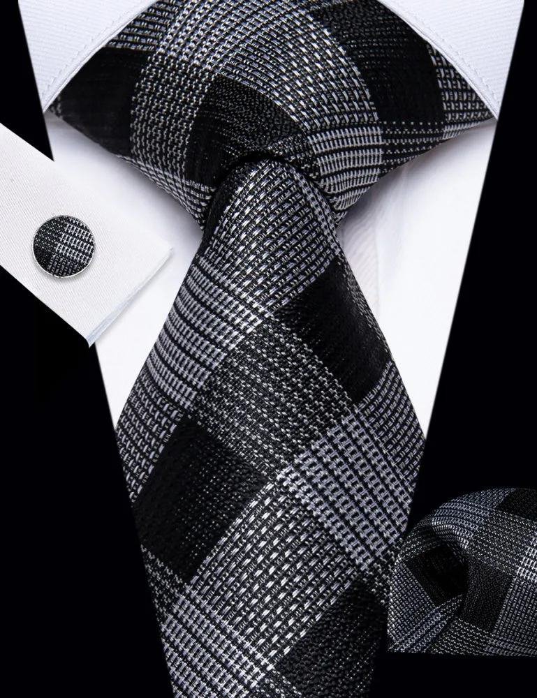 Ties2you Checkered Necktie Black Gray Plaid Tie Hanky Cufflinks Set sold by Ties2You product image thumbnail 2