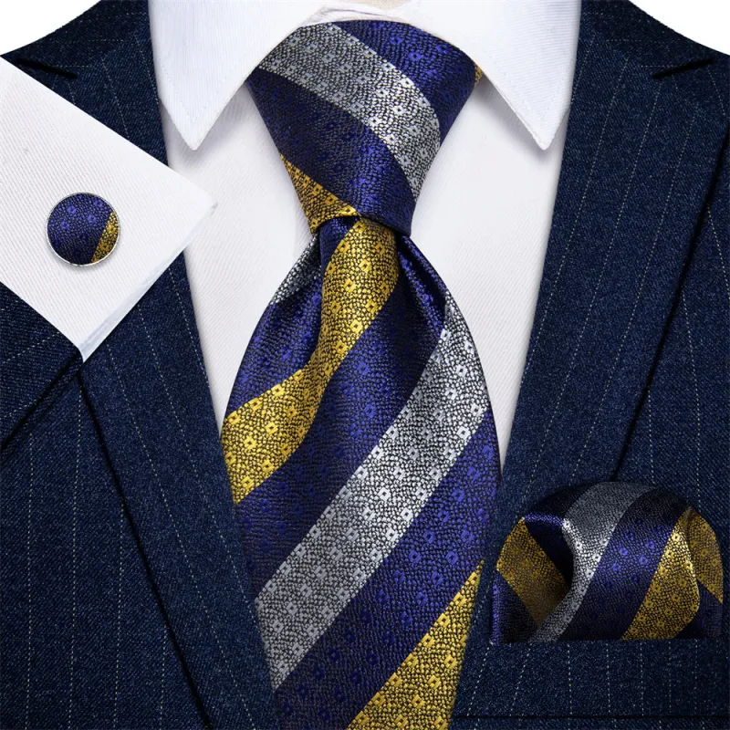 Ties2you Striped Necktie Blue Gray Yellow Mens Tie Hanky Cufflinks Set sold by Ties2You