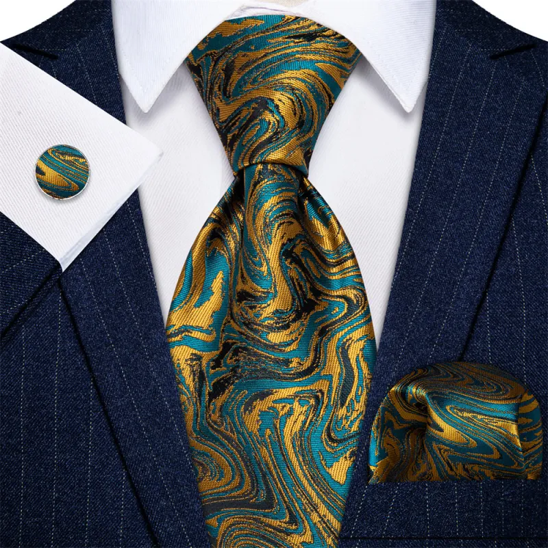 Ties2you Teal Blue Gold Necktie Novelty Jacquard Men's Dinner Tie Set sold by Ties2You
