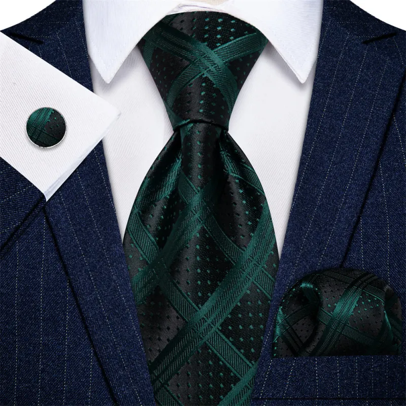 Ties2you Necktie Black Dark Green Checkered Tie Hanky Cufflinks Set sold by Ties2You