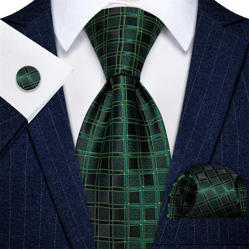 Ties2you Dark Green Tie Black Plaid Necktie Handkerchief Cufflinks Set sold by Ties2You