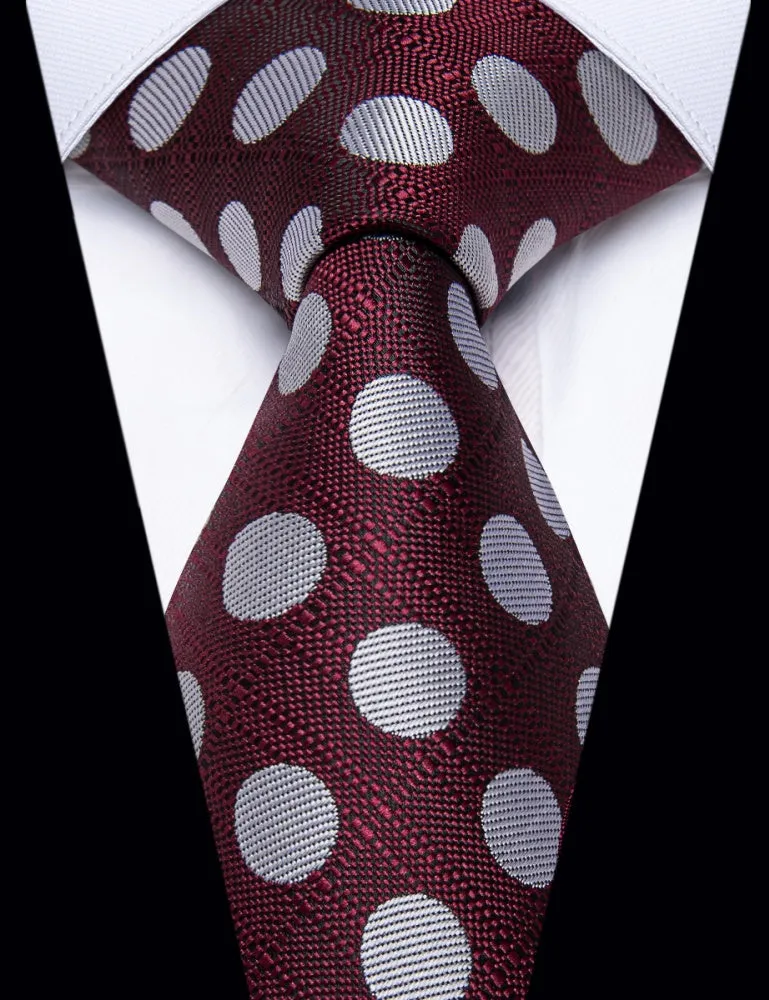 Ties2you Burgundy Tie Silver Dots Mens Tie Pocket Square Cufflinks Set sold by Ties2You product image thumbnail 2