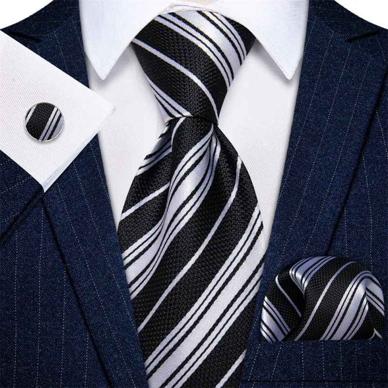 Ties2you Black Necktie Silver Grey Stripes Men's Tie Pocket Square Set sold by Ties2You